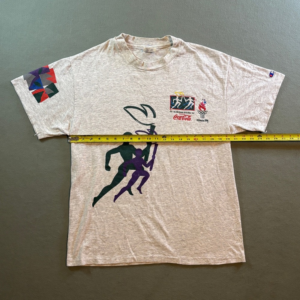 VTG 1996 Atlanta Olympics Torch T Shirt Mens L Grey Coca-Cola 90s Single Stitch - Picture 2 of 6